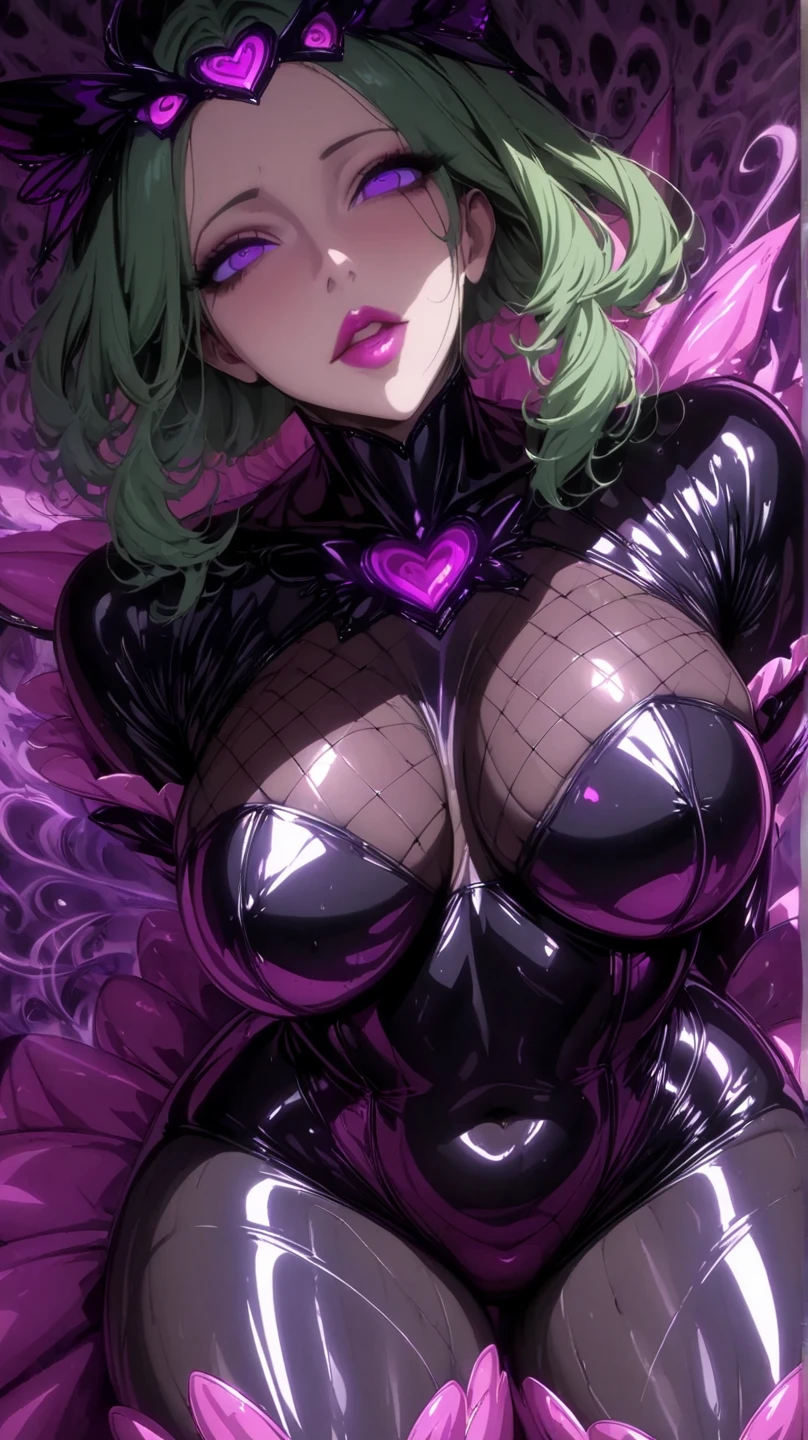  mature beautiful woman with ,( best quality, very detailed depiction, incredible high resolution,High quality anime drawings),(Magical girl costume based on black and pink, latex bodysuit ,Body net suit, black tights, thigh-high boots),( green hair,Swirling Eyes,Purple Eyes, Hollow Eyes, mind control :1.3,hypnotism,Glossy lips, glamorous body, slender,stoic,Empty look,Fall,Fallen into evil,Being manipulated,Beautiful legs, healthy legs), cowboy shot:1.3