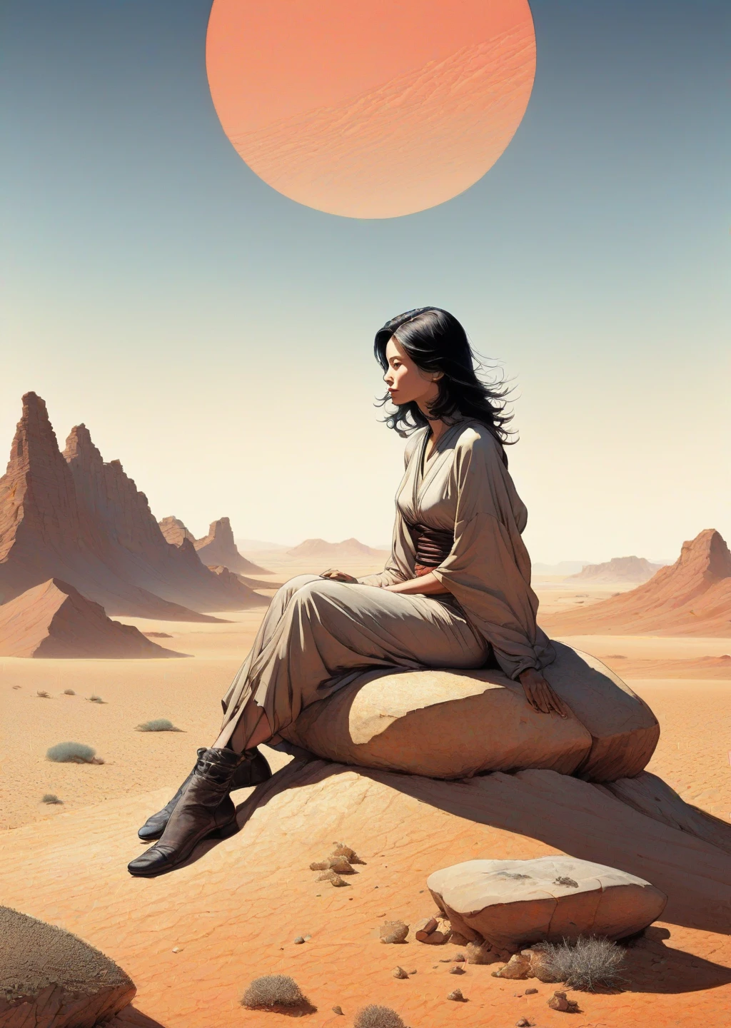 1 young woman sit on a rock,  desert 
 abstract, artistic 
 gradient 
 by  Jean Giraud Yoshitaka Amano 
   SimplepositiveXLv1