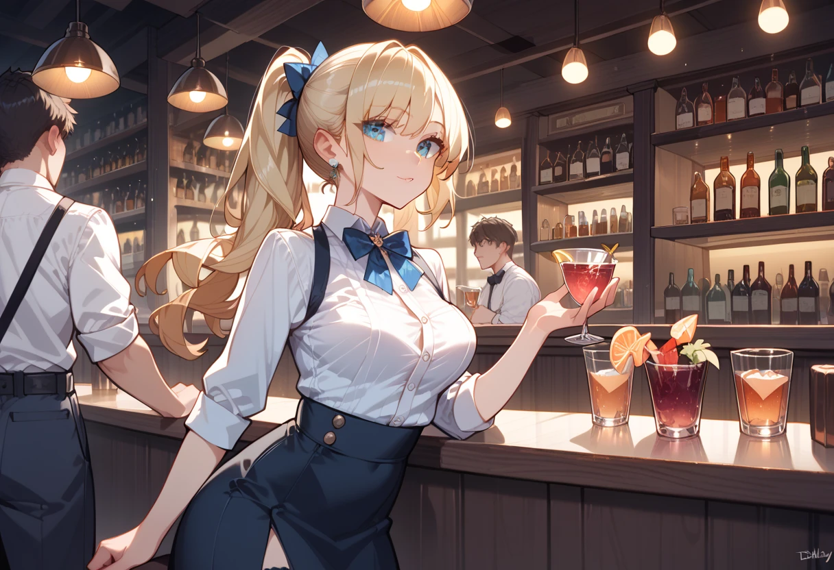 (masterpiece, best quality, ultra detailed, high resolution, detailed facial description), (1 woman:1.3), bartender suit, (bar, bar counter), (dimly lit interior, faint lighting)