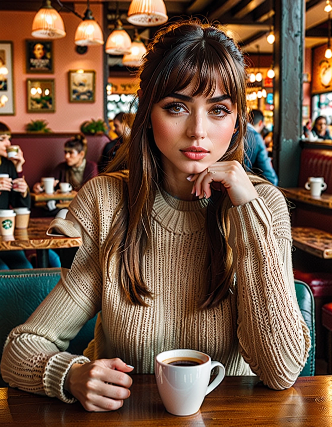 j0i woman,20 years old , beautiful detailed eyes, beautiful detailed lips, extremely detailed face, long eyelashes, girl with bangs, cozy coffee shop interior, woman sitting at table, holding coffee cup, wearing sweater and jeans, photorealistic, highly detailed, 8k, best quality, masterpiece, hyper realistic, cinematic lighting, warm color tones