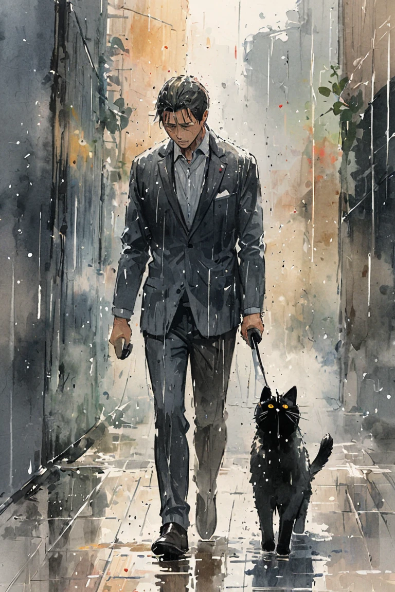 watercolor painting of a man in suit in the rain. full body shot of the man who is soaked under the rain. he tilts his head up to face the rain, the rainwater flows down his face. he is walking in the street, a black fluffy cat stand near him. holding his hands out to feel the rain. watercolor brushes stroke painting style. the sky is dark.