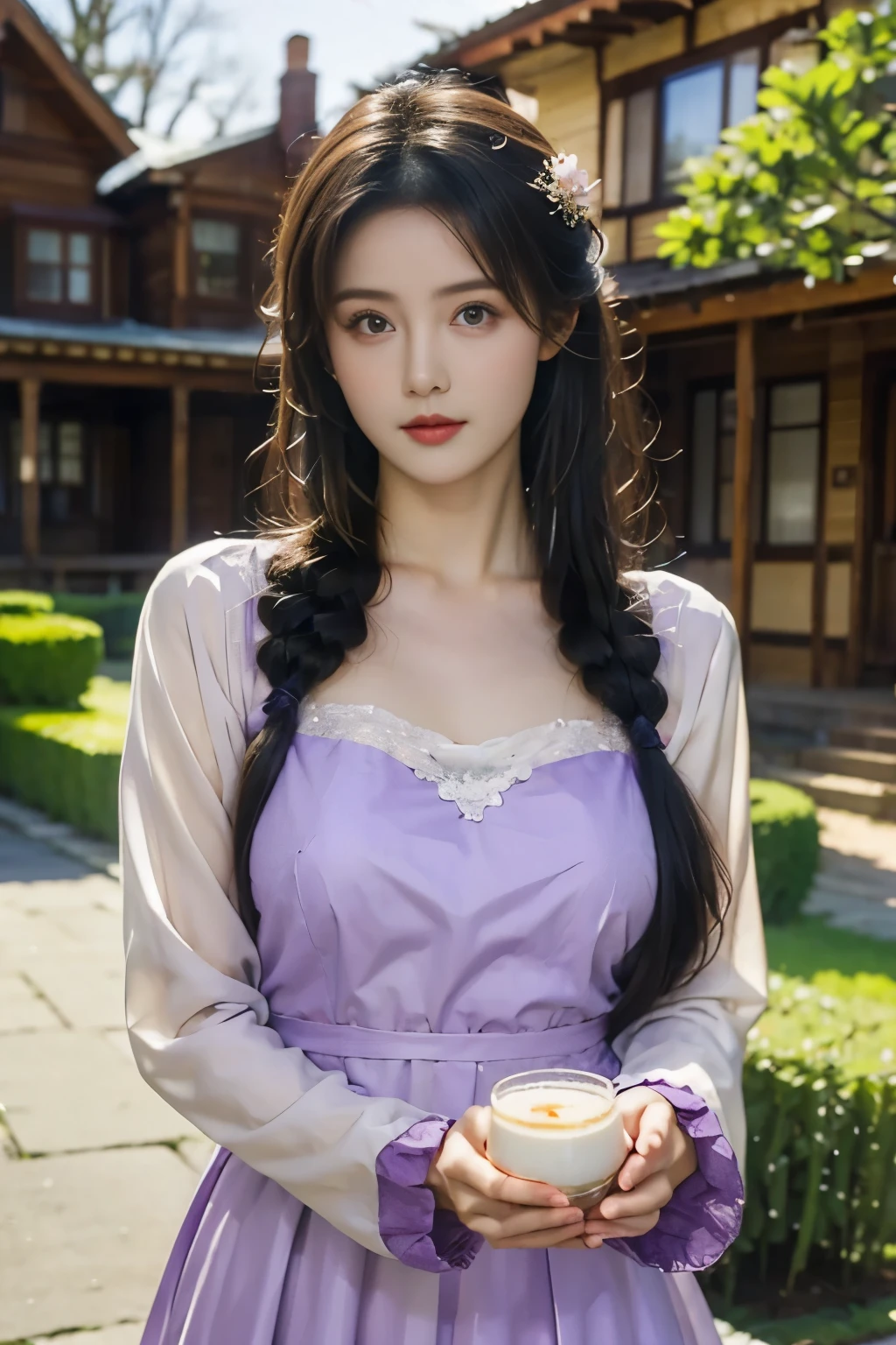 A young woman in a long light purple dress is in front of the old house，Eye level， milk，Warm and cold light ，HD，HDR， the best details ， realistic style 