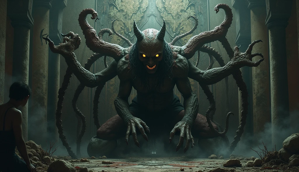 monstrous, Beautiful, Masterpiece, Best quality, perfect lighting, NSFW, monster smile with crooked fangs, mask covering eyes, Very skinny, disproportionately long arms, head of a vulture, scruffy dirty feathers, A sinister aura, something, chained, deity, cultist clothing, full body