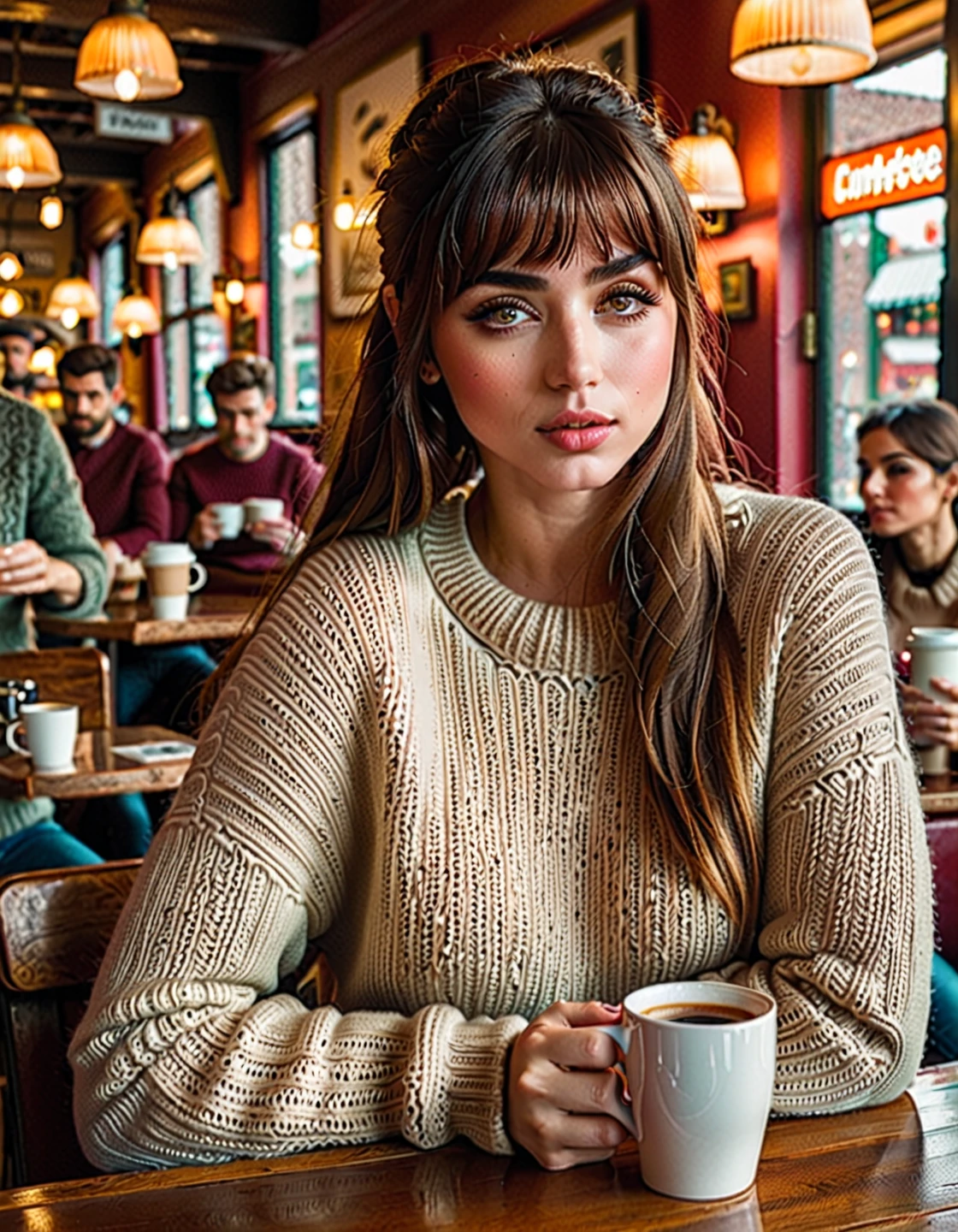 j0i woman,20 years old , beautiful detailed eyes, beautiful detailed lips, extremely detailed face, long eyelashes, girl with bangs, cozy coffee shop interior, woman sitting at table, holding coffee cup, wearing sweater and jeans, photorealistic, highly detailed, 8k, best quality, masterpiece, hyper realistic, cinematic lighting, warm color tones