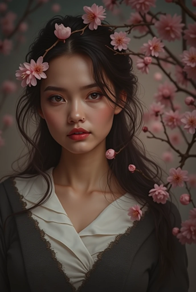 A Flower by Casey Weldon, Olga Kvasha, Miho Hirano, hyperdetailed Intricately detailed gothic art trending on Artstation triadic colors Unreal Engine 5 detailed matte painting, deep color, Fantastic, Intricate detail, Welcome screen, complementary colors, fantasy concept art, 8k resolution, gothic masterpiece by deviantart, (dark shot:0.9), art by greg rutkowski and artgerm, soft cinematic light, Adobe Lightroom, photolab, HDR, Intricate, Very detailed,  pink cherry blossom