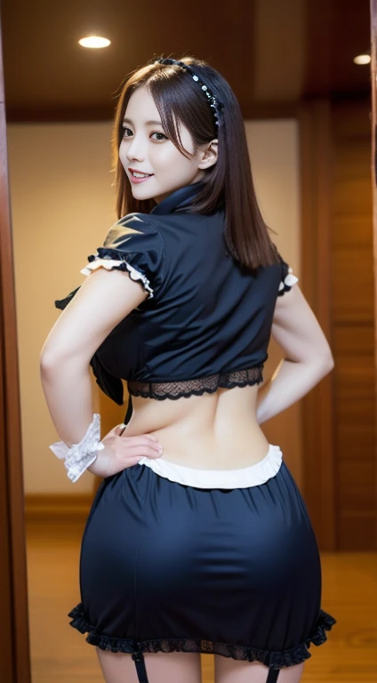 One Girl, apron, Black dress,  blush, Braiding, dress, Eyebrows visible through hair, Big Breasts, valley, The chest is exposed, Beautiful nipples, Frills, gloves, Hair between the eyes, jewelry, Juliet Sleeve, Long sleeve, Maid, Maid apron, Maidの頭飾り, Puffy sleeves, short hair,((She lifted her skirt to show her panties.、Tempting you)), White lace panties, Small hips,  (Butt crack, Bare waist, Bare back:1.3),Stick your butt out high,window, Huge 、Nogizaka Idol、Korean Idols、Burning idol pose、actress、Age 25、expensive、Cafe、restaurant, Official Art，Highly detailed CG Unity 8k wallpaper, (masterpiece:1.0),(highest quality:1.0), photo shoot, 8k, Browsing Caution, High resolution, Kodak Portrait 400, Film Grain, Lens flare brilliance,View Audience
