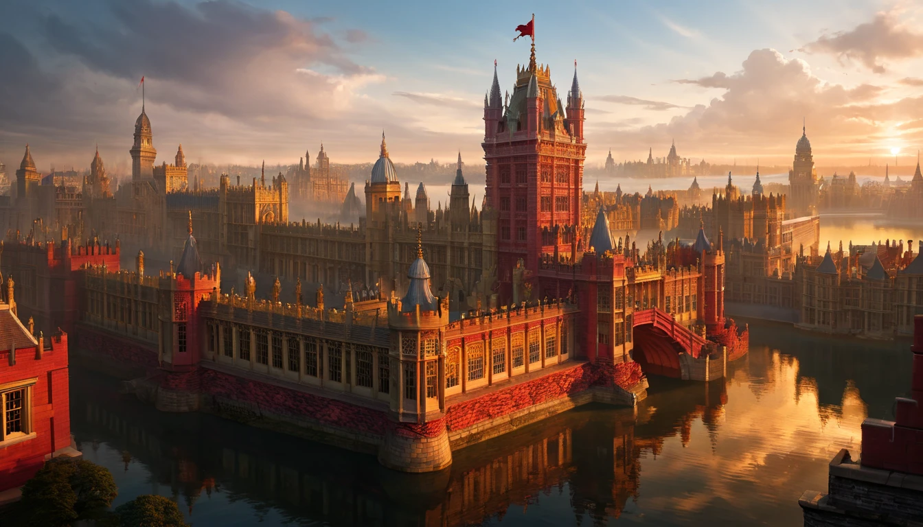   Masterpiece ,  best quality, ( Highly Detailed CG Unity 8K Wallpaper), ( best quality), ( best illustration), ( best shadow),  super detailed ,A striking fantasy illustration of the iconic Welsh red dragon perched prominently on the towers of Hampton Court Palace, a magnificent Tudor-style British landmark. The dragon's wings are partially spread, showcasing its majesty, as it gazes over the grand palace with an air of guardianship. The scene is illuminated by the golden glow of a sunset, highlighting the intricate details of both the palace’s architecture and the dragon's shimmering red scales. Lush gardens and a serene river frame the background, enhancing the magical and commanding atmosphere.