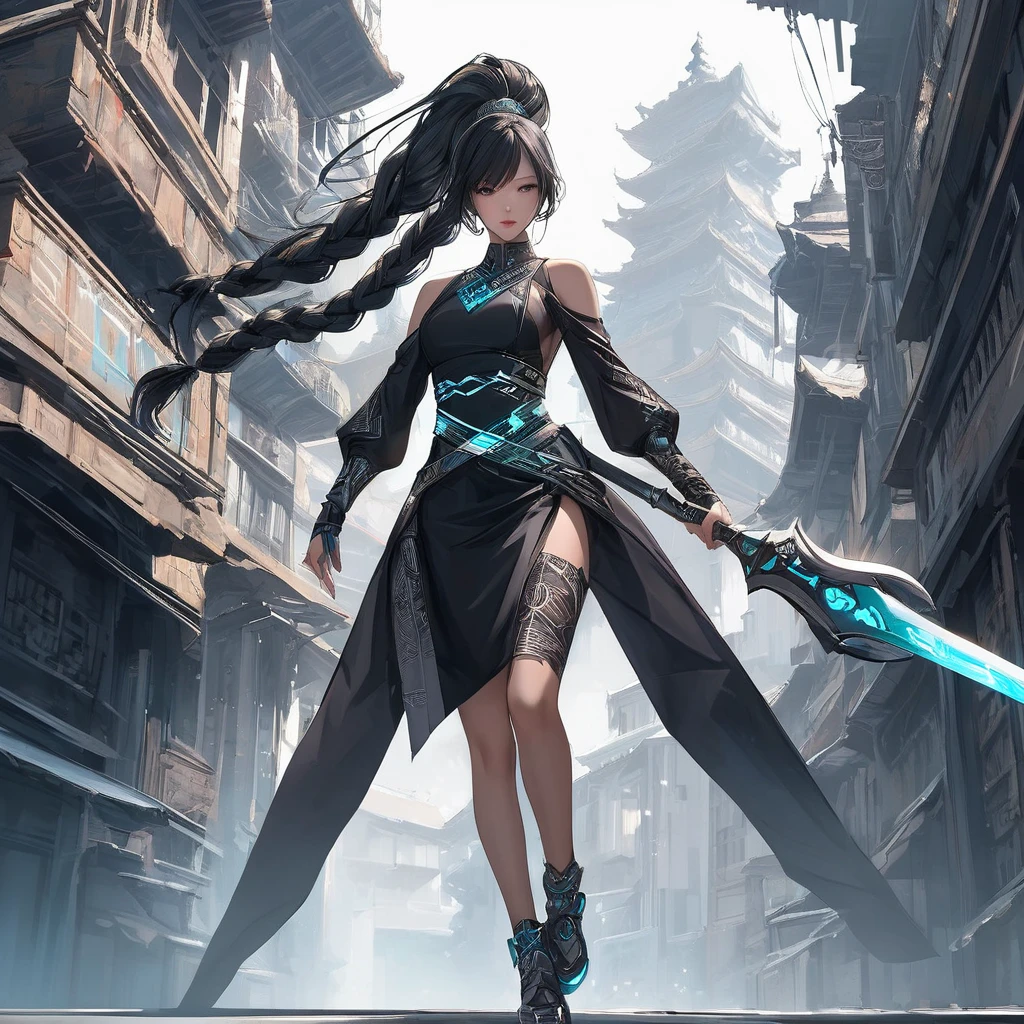 Neo-noir Futuristic art style, dynamic high-angle view, waist-up, semi-realistic anime-style woman, dressed in practical attire blending modern functionality with traditional Toraja design elements. aged 22, She wears a sleek dark tunic with glowing blue Toraja-inspired patterns along the shoulders and sleeves, paired with a metallic belt etched with intricate motifs. Her black hair is styled in a high ponytail interwoven with small, intricate braids, showcasing a blend of tradition and modern practicality. The braids are adorned with minimalist metallic ornaments, adding elegance without hindering her movements.

She wields a futuristic spear made of gleaming white metal with glowing blue engravings, embodying the craftsmanship of a modernized sangkoru’. Her sharp gaze reflects intelligence and vigilance, while her lightweight footwear allows her to perform daring parkour moves seamlessly. She traverses urban landscapes with shadow-like grace, her combat style combining spear techniques with acrobatic precision, leaving an impression of beauty, agility, and lethality.