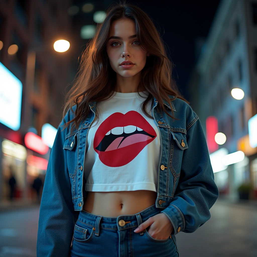 Half-body photography,  camera angle against sharp ,  camera shot from the bottom up ,  Isabella posing in a denim mini skirt , a white t-shirt with a sexy red lip print and a short denim jacket, The scene takes place at night ,  the lights are on as are the building lights , Urban scene, brown hair, white skin,hazel eyes, UHD,  masterpiece , 8k hyperrealistic 