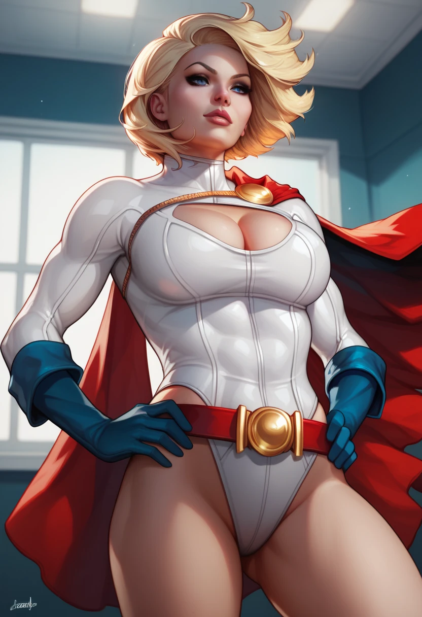 score_9,score_8_up,score_7_up BREAK powergirlSDXL,1girl,short hair,blue eyes,blonde hair,large breasts,gloves,cleavage,thighs,belt,cape,leotard,lips,clothing cutout,highleg,cleavage cutout,highleg leotard,white leotard,red cape,blue gloves,superhero,cowboy shot,room,room background,from below, hands on hips,