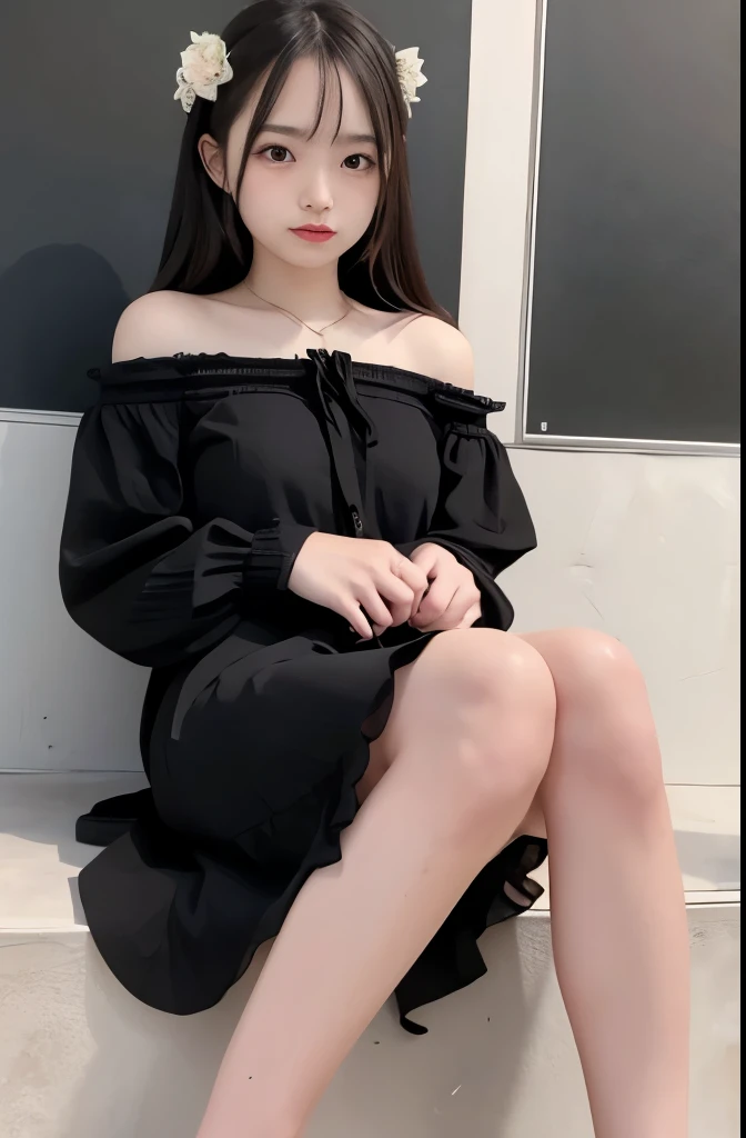 (Highest quality、8k、32K、masterpiece、Best Quality、Realistic))、Black Hair、Medium Hair、Short bangs、(Small breasts、Wearing a short-sleeved dress:1.3)、Small breasts、Selfie、Sitting、M-shaped legs、Idol、room、Wearing loose cloth shorts