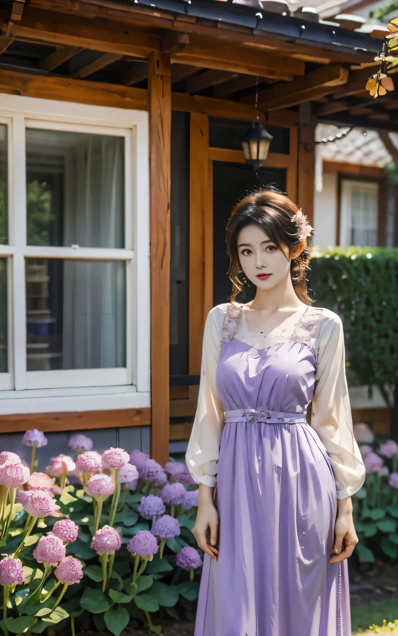 A young woman in a long light purple dress is in front of the old house，Eye level， milk，Warm and cold light ，HD，HDR， the best details ， realistic style 