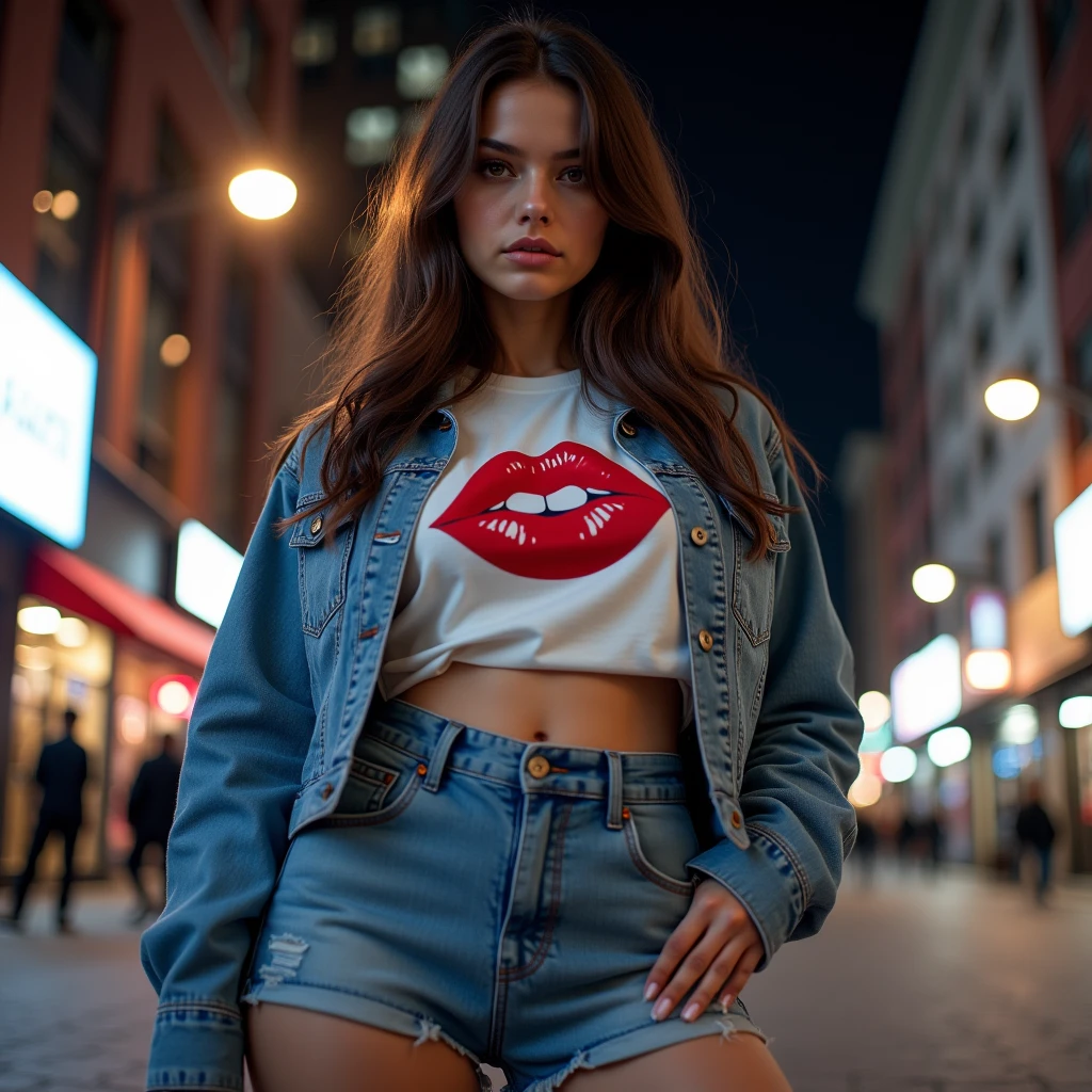 Half-body photography,  camera shot from the bottom up ,  Isabella posing in a denim mini skirt , a white t-shirt with a sexy red lip print and a short denim jacket, The scene takes place at night ,  the lights are on as are the building lights , Urban scene, brown hair, white skin,hazel eyes, UHD,  masterpiece , 8k hyperrealistic 