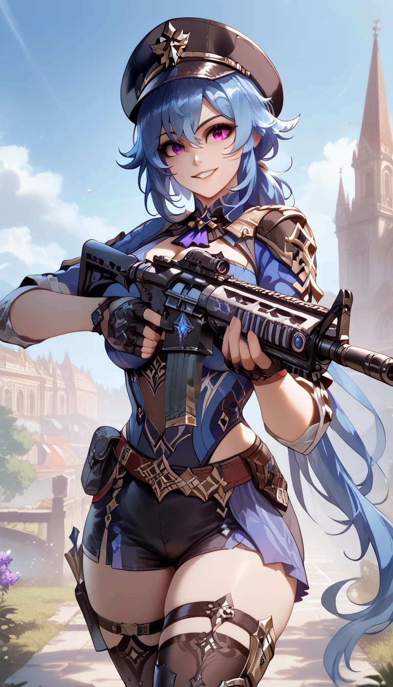 ultra-detailed, 1girl, solo, clorinde \(genshin impact\), ((masterpiece)), (best quality), (highres), 16K, purple eyes, low ponytail, blue hair, long hair, wearing hat, tactical clothes, black thighhighs, tactical belt, black thong, knee pads, busty body, large breasts and a beautiful ass, showcasing cleavage, legs, hips, (holding assault rifle), looking at viewer, smile, detailed face, detailed hair, detailed full body, city background