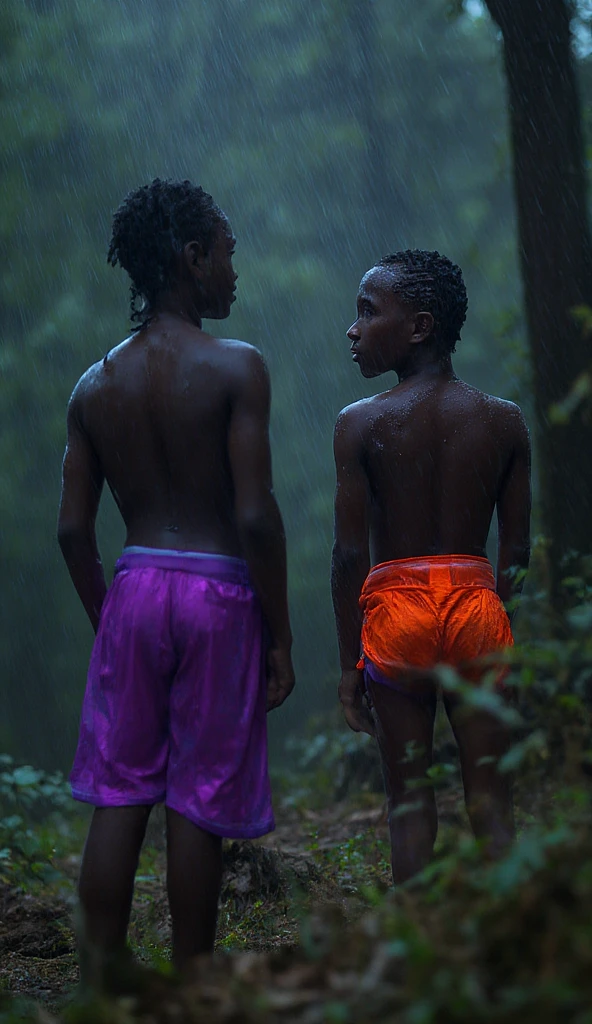 two realistic 14-year-old  black nepali punk boys, totally naked , purple and orange heir punk style meeting in a  forest. while entangled in a magical net, bioluminescent wet floating in the air around them, showing legs, smooth wet skin, nude skin wet smooth, in the rain,
