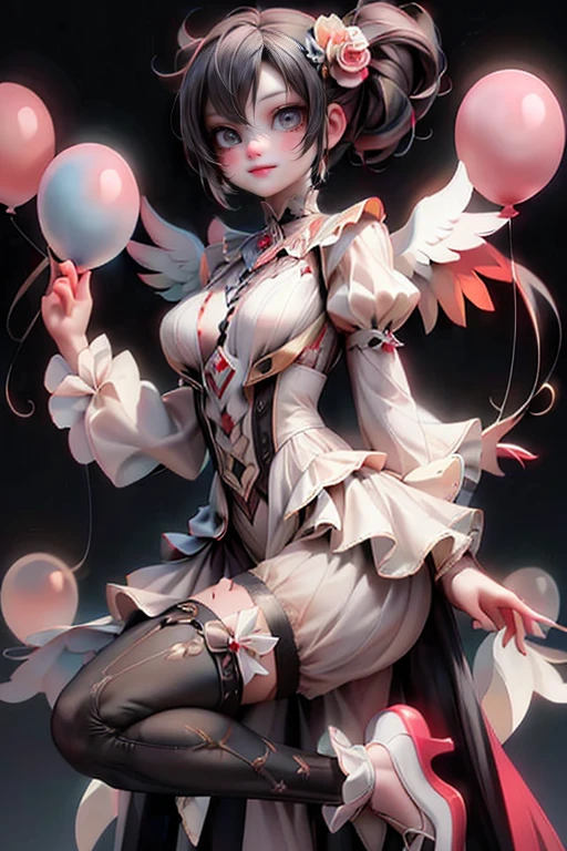 A sultry female clown, dressed in lacy hosiery and ankle-strap pumps, strikes a dramatic pose amidst a backdrop of darkness. Her face, painted with bold ((clown makeup)), twists into an evil smile, as she holds aloft a bouquet of balloons. In the shadows, her body is illuminated by an otherworldly glow, while above, (angel wings) stretch out like dark, gothic arches. The air is heavy with mystery and foreboding, evoking a sense of dark fantasy art style's dramatic flair.
