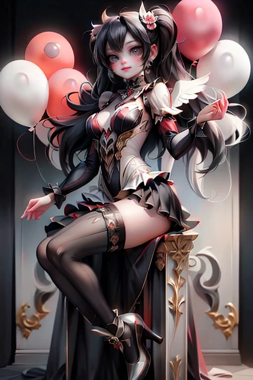 A sultry female clown, dressed in lacy hosiery and ankle-strap pumps, strikes a dramatic pose amidst a backdrop of darkness. Her face, painted with bold ((clown makeup)), twists into an evil smile, as she holds aloft a bouquet of balloons. In the shadows, her body is illuminated by an otherworldly glow, while above, (angel wings) stretch out like dark, gothic arches. The air is heavy with mystery and foreboding, evoking a sense of dark fantasy art style's dramatic flair.
