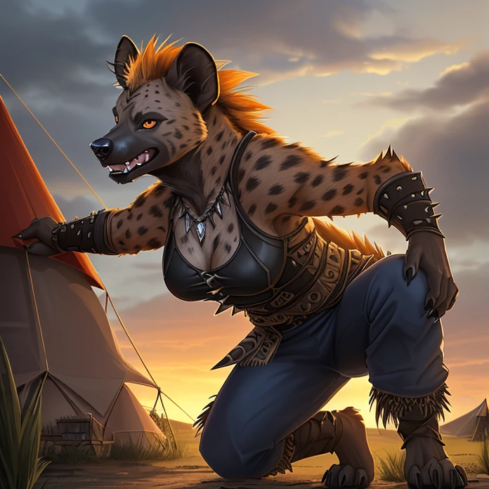 Masterpiece, HD, high resolution, high quality, best quality, super detailed. Solo character alone. Fantasy art.
{{(A 50-years-old female-adult-gnoll:(appearance: hyena-head. real-hyena-face. hyena-orange-color-eyes. black-nose. hyena ears, hyena-mouth. hyena-teeth. Female-slender-hyena-body. hyena-fur. Anthro-hyena-arms. hyena-hands-with-five-fingers and grey sharp claws. Anthro-hyena-slender-legs. hyena-feet. five-hyena-feet-fingers-with-grey-sharp-claws. She stands 1,88-meters-tall. hyena-sadistic-smiling-face. provocative-killer-pose. insane-malefic-demeanor.),(she wears: black-armor. blue pants. spiky necklace),(scenery: gnoll encampement. norse tribal tents. grey cloudy sky.))}}