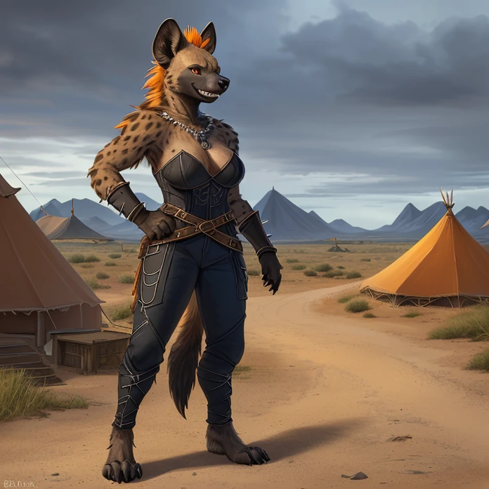 Masterpiece, HD, high resolution, high quality, best quality, super detailed. Solo character alone. Fantasy art.
{{(A 50-years-old female-adult-gnoll:(appearance: hyena-head. real-hyena-face. hyena-orange-color-eyes. black-nose. hyena ears, hyena-mouth. hyena-teeth. Female-slender-hyena-body. hyena-fur. Anthro-hyena-arms. hyena-hands-with-five-fingers and grey sharp claws. Anthro-hyena-slender-legs. hyena-feet. five-hyena-feet-fingers-with-grey-sharp-claws. She stands 1,88-meters-tall. hyena-sadistic-smiling-face. provocative-killer-pose. insane-malefic-demeanor.),(she wears: black-armor. blue pants. spiky necklace),(scenery: gnoll encampement. norse tribal tents. grey cloudy sky.))}}