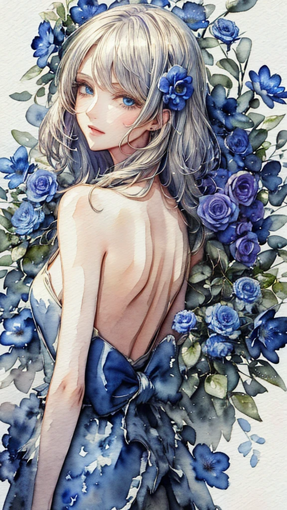 (​masterpiece),(top-quality:1.2),(  perfect anatomy  ), 1 girl,(Watercolor:1.4),(Hand-drawn:1.2),(watercolor brush hair ),Show me your back,Picturesque, paper texture , high definition , Highly Detailed Faces、 beautifully detailed blue eyes,Soft Tone,flat-colors,High contrast,Bokeh, movie lighting, beautiful woman, Silver Hair,Smile a little,blue flowers on the background , lots of blue flowers 