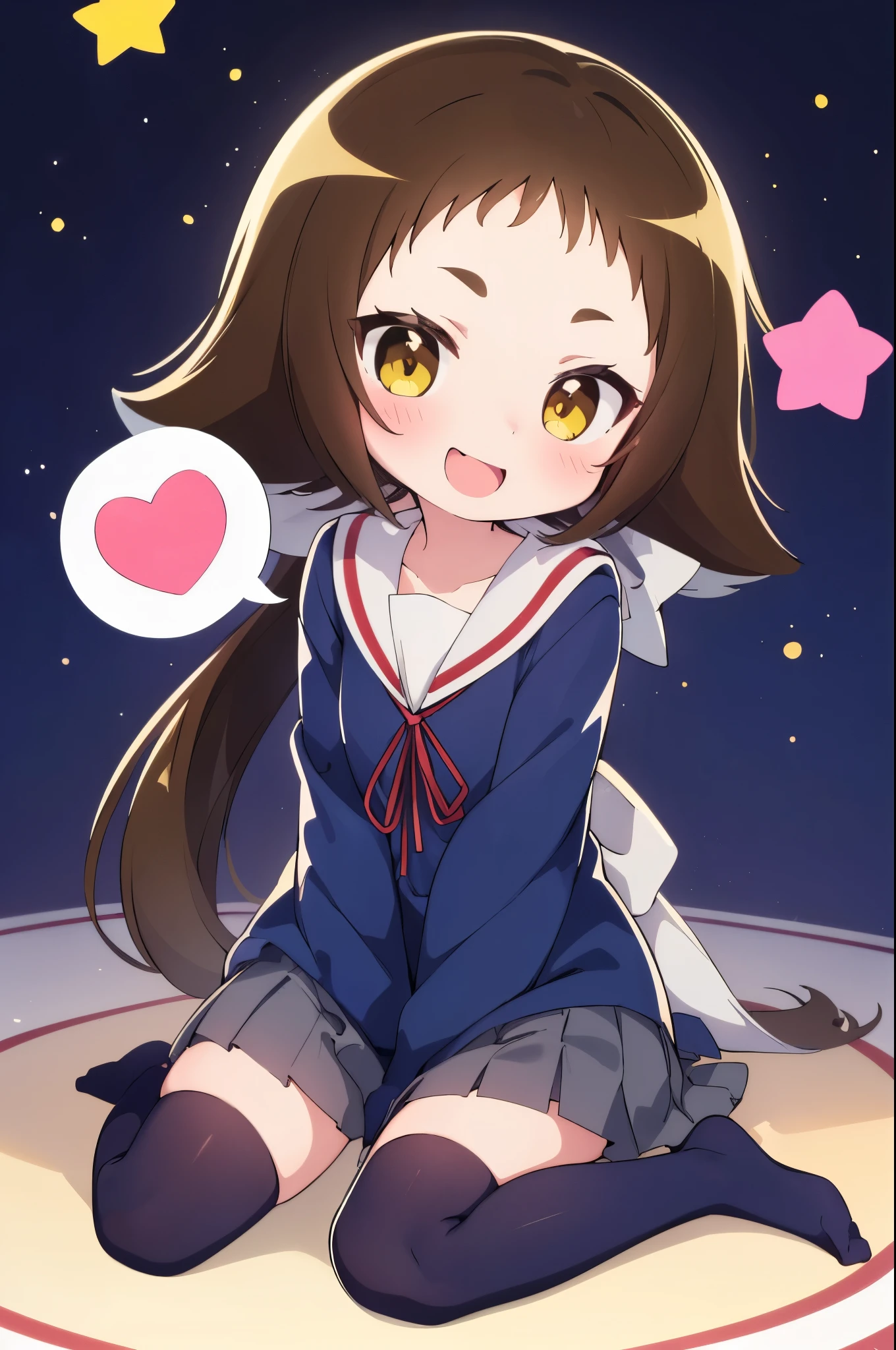 (((((**** face))))),(((((Mimine Mashiro))))),(((((Unconfirmed and ongoing))))),(((Star pattern background))),(((many spoken heart))),((( ponytail))),((( smaller))),((( embarrassing))),(((((blush))))),((( yellow eyes))),((((( elementary school students))))),((((( Super Miniskirt))))),(((((whole body))))),(((((Navy blue uniform))))),((((( is short))))),((( white skin))), panties visible ,((((( s体型))))),(((((Thighs))))),((((( s))))),( chibi),( best quality),masterpiece, best quality, high definition , Very detailed,ultra  high definition ,One person, I feel the audience ,Detailed costume, skin texture, movie lighting, professional lighting ,((((( s))))), white panties,( flat chested),(a bit),cute,(((smile))),(((Brown Hair))),sleeves past wrists, characters with open mouth ,fang, sitting