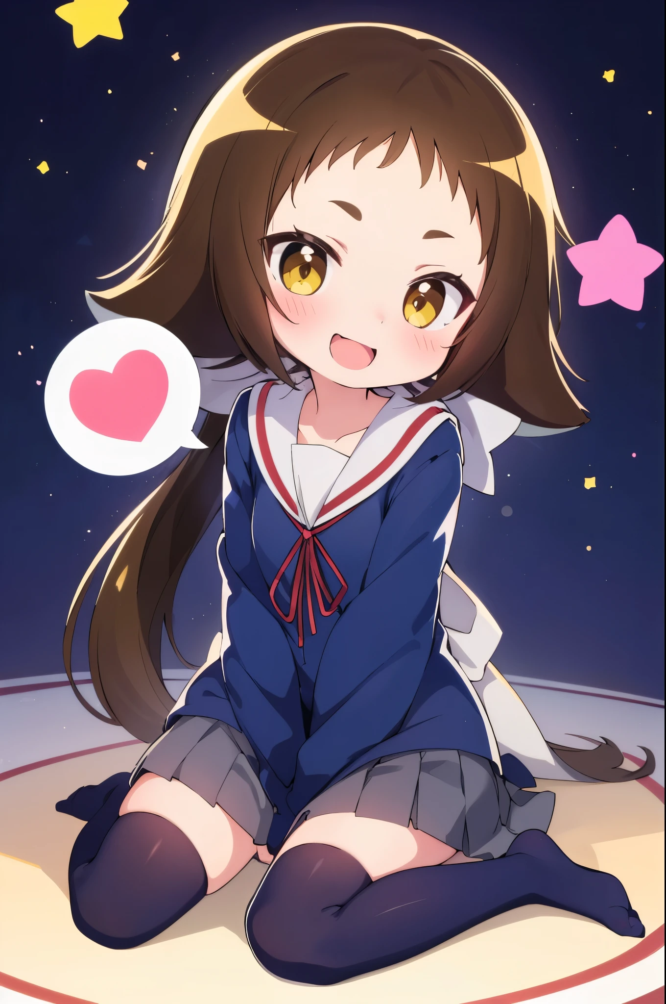 (((((**** face))))),(((((Mimine Mashiro))))),(((((Unconfirmed and ongoing))))),(((Star pattern background))),(((many spoken heart))),((( ponytail))),((( smaller))),((( embarrassing))),(((((blush))))),((( yellow eyes))),((((( elementary school students))))),((((( Super Miniskirt))))),(((((whole body))))),(((((Navy blue uniform))))),((((( is short))))),((( white skin))), panties visible ,((((( s体型))))),(((((Thighs))))),((((( s))))),( chibi),( best quality),masterpiece, best quality, high definition , Very detailed,ultra  high definition ,One person, I feel the audience ,Detailed costume, skin texture, movie lighting, professional lighting ,((((( s))))), white panties,( flat chested),(a bit),cute,(((smile))),(((Brown Hair))),sleeves past wrists, characters with open mouth ,fang, sitting