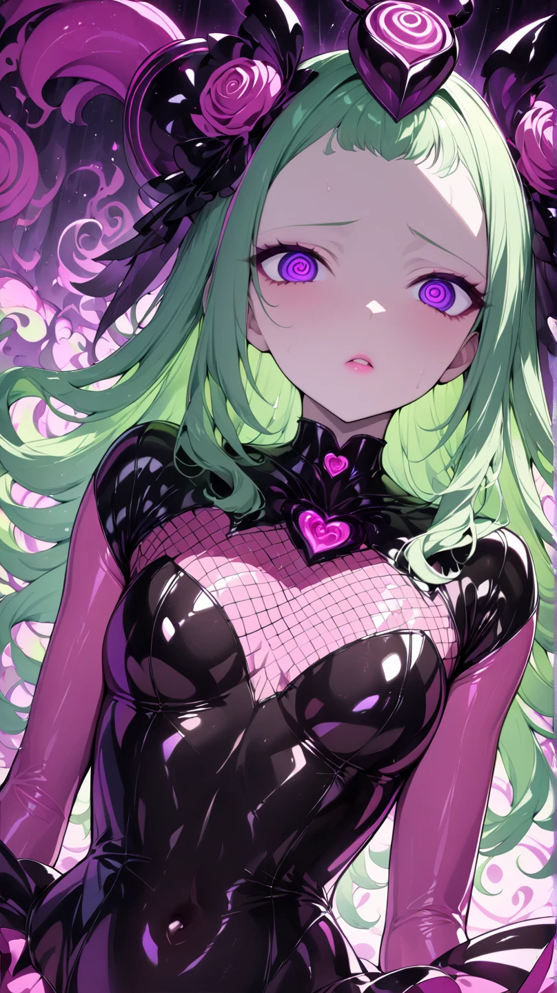  Young Beautiful Woman,( best quality, very detailed depiction, incredible high resolution,High quality anime drawings),(Magical girl costume based on black and pink, Bad End Bodysuit, latex bodysuit ,Body net suit, black tights, thigh-high boots),( green hair,Swirling Eyes,Purple Eyes, Hollow Eyes, mind control :1.3,hypnotism,Glossy lips, glamorous body, slender,stoic,Empty look,Fall,Fallen into evil,Being manipulated,Beautiful legs, healthy legs), cowboy shot:1.3