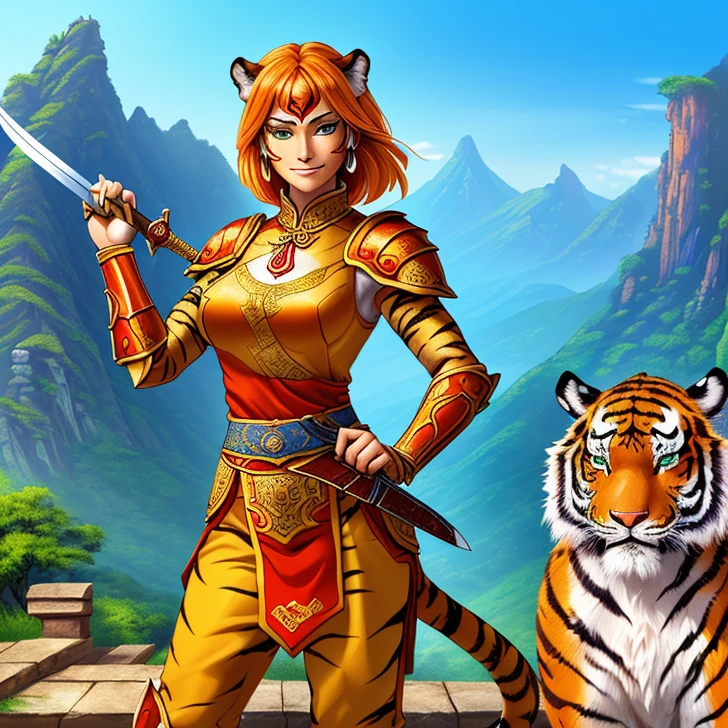 Masterpiece, HD High Resolution, high quality, Best Quality, super detailed. Solo creature alone, multiple views. Fantasy art.
{{(A 80-years-old adult-female-tiger-humanoid:(appearance: true-female-tiger-face. tiger-orange-body-hair-with-black-stripes. orange-tiger-fur. tiger-green-eyes. female-humanoid-upper-body. two-legs-shaped-as-tiger-legs. tiger-tail. Tiger-claws. smiling-very-confident and honorable. She has honorable-demeanor. brave and heroic personality. she stands 1,98-meters-tall. she poses bravely wielding a longsword with both-hands.),(equipment: hindu-longsword.),(she wears: two red hindu shoulder armor plates. yellow hindu-styled shirt. yellow pants. red-knee-armors.),(scenery: chinese mountain. hindu city. light-blue sky. sunny day.))}}