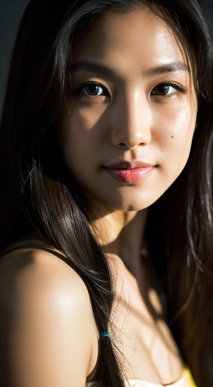 highest quality, epic realistic, ((in the pitch black darkness :1.4)), ((portrait:1.5)),(background: dark ) high contrast ,glorious picture, lowest lux, lighting face, she's comfortable, wearing white lingerie, looks incredible, (8k, Raw photo, Highest quality),(epic realistic:1.5), a woman, face,(detailed eyes:0.8),(looking at the camera:1.4), (Highest quality), ( high contrast, deep shadows),Intricate details,cinematic,((skin:1.4)), (long dark hair:1.3), long hair, messy ,(Hdr:1.5),Detailed, colors, Superior quality, Masterpiece, Raw Photo (20-year-old, looking at viewer), beautiful, (wearing underwear,), perfect, natural, perfect composition, portrait, perfect face, smiling expression, Captivating eyes, Bright details, Tight lips, (High Skin Detail),, (blue tint: 0.6), (sale: 0.8), (bloody: 0.7), Key lighting , (backlight: 0.5), Medium depth of field, Canon 5d, 50mm lens, f/4 apertures, (Ultra-detailed, Complex detail), sharp focus, soft colors, 8k, Absurd, 80mm, dark background, photography, smiling, pinay, filipina, medium boobs,