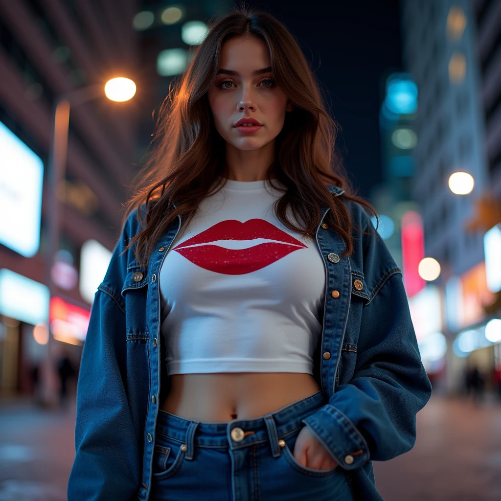 Half-body photography, low angle shot,  Isabella posing in a denim mini skirt , a white t-shirt with a sexy red lip print and a short denim jacket, The scene takes place at night ,  the lights are on as are the building lights , Urban scene, brown hair, white skin,hazel eyes, UHD,  masterpiece , 8k hyperrealistic 