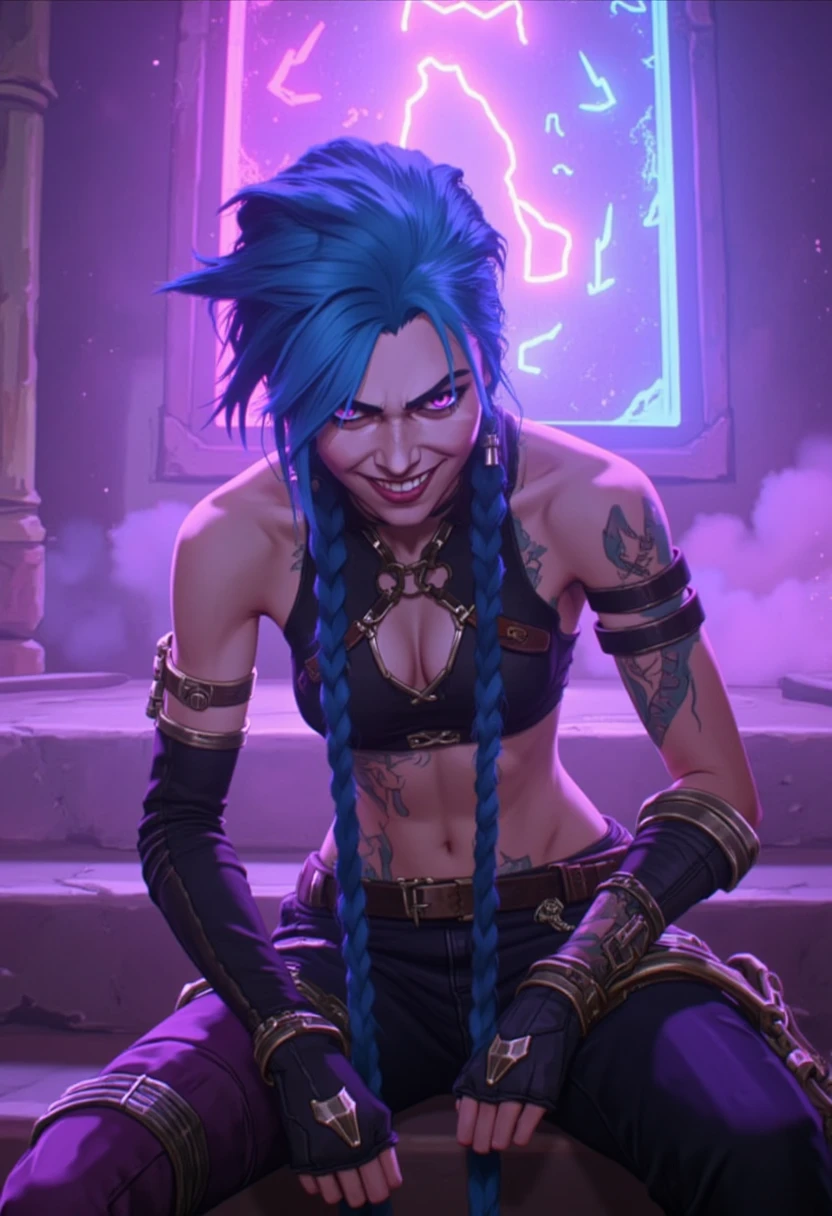 ((masterpiece)) ((photography)) ((Highest quality)) A hyper-realistic portrayal of Jinx from Arcane, seated in a commanding, slouched pose on a jagged, rugged metal chair, radiating chaos and uncontainable energy. Her iconic electric blue hair is styled in long, wild braids, with loose strands framing her mischievous grin. Her intense, pink-tinged eyes burn with defiance, intelligence, and a playful hint of madness. Subtle scars and faded tattoos snake across her exposed skin, telling a story of survival and rebellion.

She dons her signature cropped leather top, adorned with metallic accents and straps, paired with mismatched pants—one leg striped in deep purples and the other showcasing patchwork designs. Her fingerless gloves are rough and worn, featuring small metallic details that hint at her tinkering and love for destruction.

In one hand, she grips her custom-crafted steampunk-inspired pistol, a chaotic fusion of brass and bronze, with exposed gears, glowing neon chambers, and intricate engravings. The weapon pulsates with energy, embodying her volatile personality.

The backdrop is a starry, neon-drenched void, alive with streaks of vibrant purple, pink, and electric blue lightning. Swirling graffiti-like patterns echo her chaotic mind, while faint explosions in the distance hint at recent mayhem. Shimmering reflections enhance the metallic details of her outfit and weapon, blending the gritty, anarchic tone of her world with a cyberpunk aesthetic.

This piece captures Jinx’s manic brilliance, her unrelenting defiance, and the electrifying chaos she thrives in.

