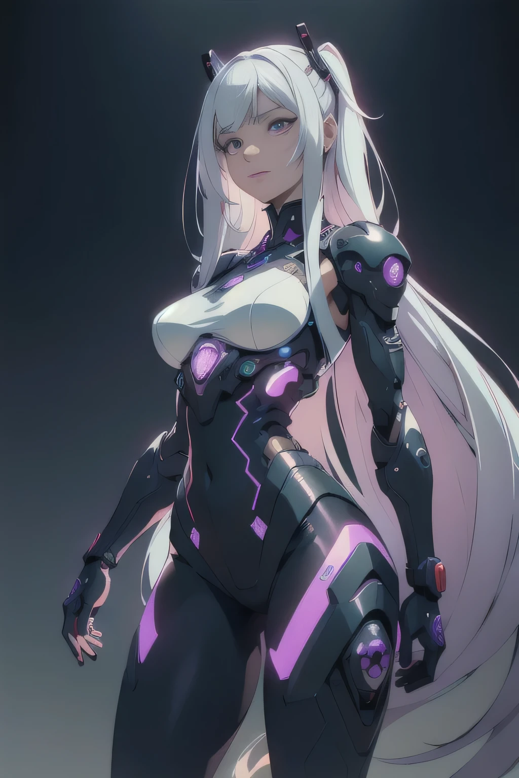 masterpiece, best quality, illustration, beautiful detailed eyes, colorful background, mechanical prosthesis, mecha coverage, emerging dark purple across with white hair, pig tails, disheveled hair, fluorescent purple, cool movement, rose red eyes, beatiful detailed cyberpunk city, multicolored hair, beautiful detailed glow, 1 girl, expressionless, cold expression, insanity, long bangs, long hair, lace, dynamic composition, motion, ultra - detailed, incredibly detailed, a lot of details, amazing fine details and brush strokes, smooth, hd semirealistic anime cg concept art digital painting, cyborg style,