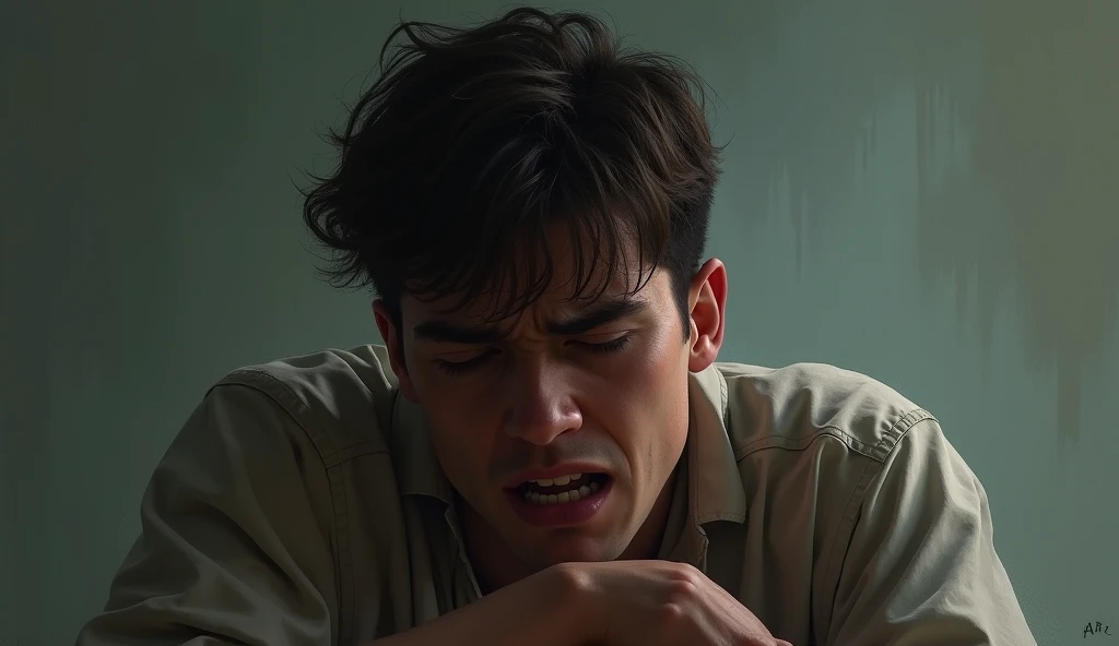 young adult man, with pacifier in his mouth, crying like a child holding a cell phone in his hand, 4k ultra realistic