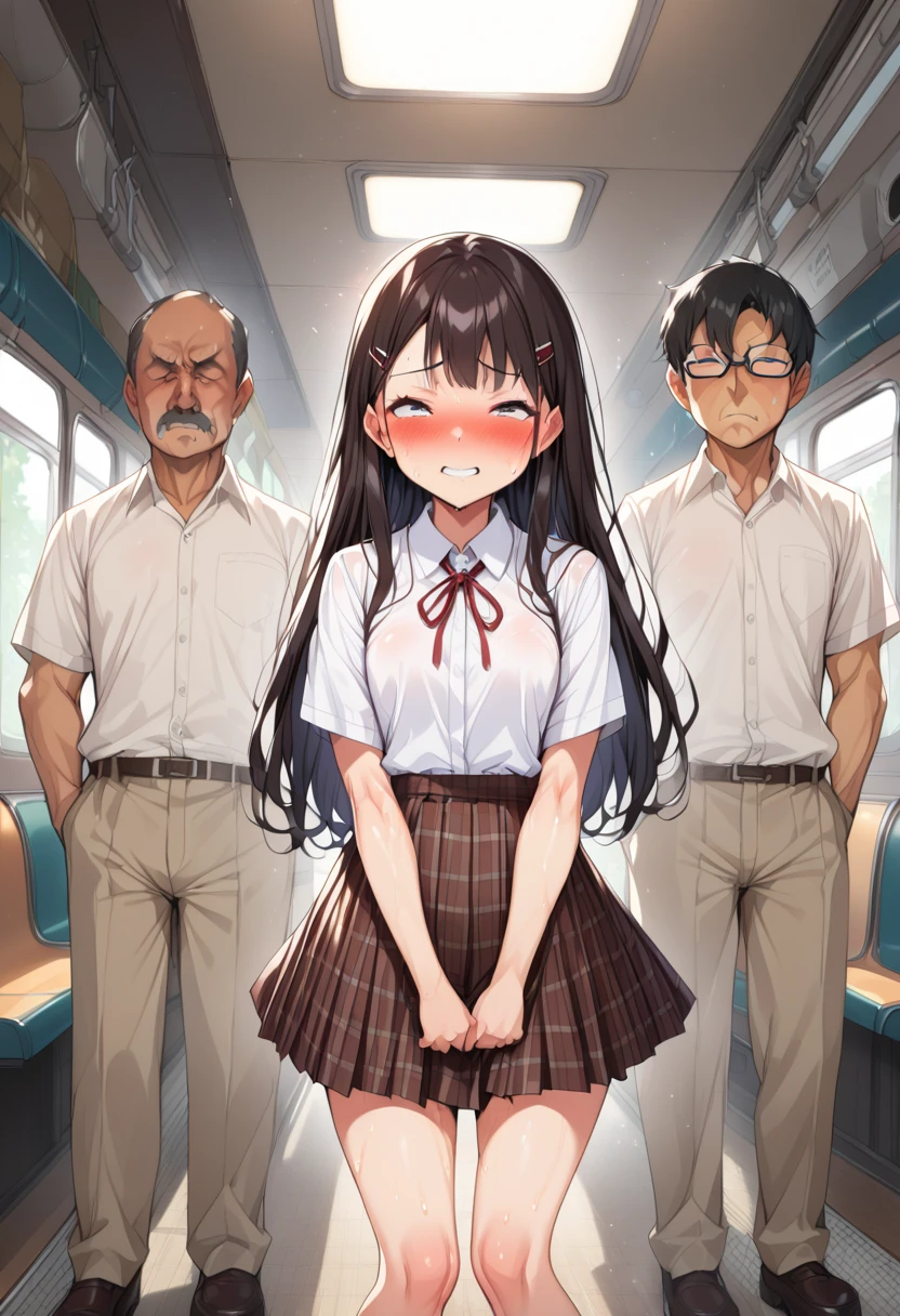 14 old, japanese school girl, round glasses,dark brown hair,at train,perfect body,straight hair,black hair,hair pin,easy-going face,White shirt blouse,sweaty, plaid skirt,troubled smile, twin tail, blush、molested, anatomically correct,2 girl,(molestation: 1.5), 1 girl, (full body shot), 1 man, (((school girl being molested: 1.5))), ,