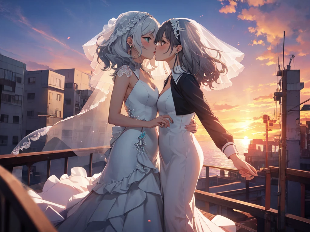 ((Full Body Standing)), Alone, Single Woman, (Human Ear, Earring), (White Hair), (Anime Face, Kissing Face), (Hair Accessory), ((Pure Black See-Through Wedding Dress)), (Sunset Sky, Sunset), Evening Sky), (Focus on Chest, Diagonal Upward Angle), (High Resolution, Masterpiece, Accurate, Anatomically Correct, Multiple Award Winning, Top Quality, Detailed, High Quality Model, High Quality, Retina, Highly Detailed), Textured Skin, Ultra High Resolution)