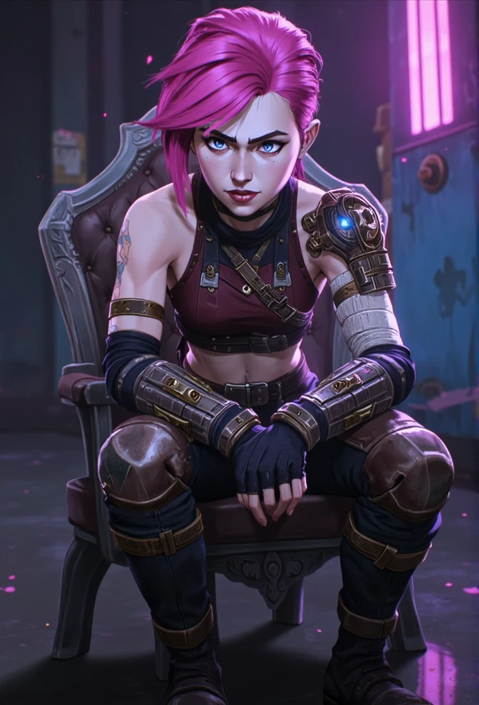 ((masterpiece)) ((photography)) ((Highest quality)) A hyper-realistic portrayal of Vi from Arcane, exuding strength and resilience as she sits in a determined pose on a battered, industrial metal chair. Her short, vibrant pink hair is slightly tousled, complementing her piercing blue eyes that burn with focus and defiance. Her expression is a mix of calm determination and a subtle edge of vulnerability, reflecting her struggles and unwavering resolve.

She wears her signature leather vest, dark with hints of maroon, reinforced with metallic studs and straps. Her arms are covered in gloves and bandages, hinting at countless fights, while her muscular frame is highlighted by the fitted, practical trousers and sturdy boots she dons.

Her massive, steampunk-inspired Hextech gauntlets rest on her knees, intricate with gears, glowing blue energy cores, and worn scratches from battle. The sheer size and detail of the gauntlets contrast her lean frame, emphasizing both her power and the humanity behind it.

The backdrop is a moody, urban scene rendered in cyberpunk tones—dimly lit with streaks of neon pink and blue that reflect off her armor and gauntlets. Graffiti-covered walls and faint sparks from distant machinery add to the gritty atmosphere. A subtle haze of smoke and glowing embers surrounds her, hinting at the aftermath of a recent confrontation.

This composition highlights Vi’s unyielding strength, her connection to her world’s mechanical innovations, and her readiness to fight for what she believes in.

