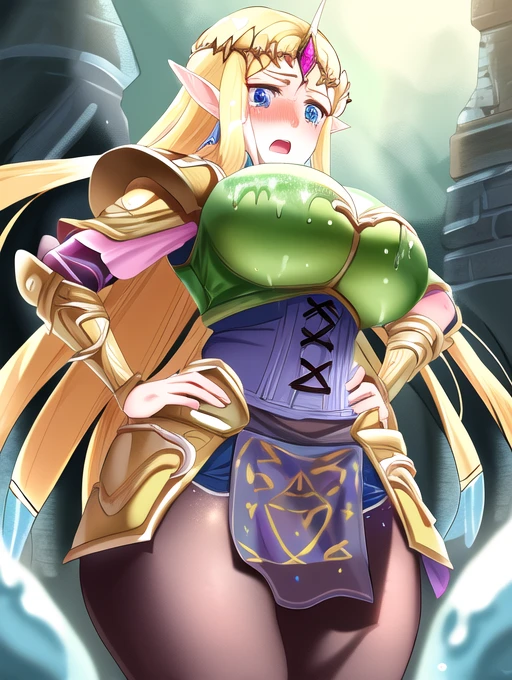 best quality, masterpiece, highres, detailed, perfect anatomy,  ZeldaHW, corset, armored dress, breastplate,  blonde hair, pointy ears, pink clothing, blue eyes, large breasts, 1girl, tiara, battlefield, medieval, holding sword, masterpiece, high quality, sad, hands on hip, masterpiece, torn clothes, side boob, large breasts, bound wrist, on back, large hips, concerned, tears, boobs out, tits, thicc, slime all over, ass, tentacles, open mouth, exposed breasts, defeated, alot of skin, exposed skin, perky breasts, cut clothes, ripped clothes, tights, leggings, stocking,  weak, belly button, tight clothes, skin, high quality, wet clothing, see through clothes, transparent clothes, Thicc, broken armor,