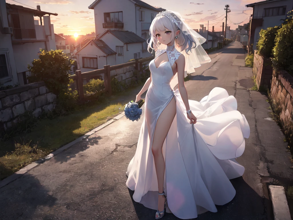 ((Full Body Standing)), Alone, Single Woman, (Human Ear, Earring), (White Hair), (Anime Face), (Hair Accessory), ((Pure Black See-Through Wedding Dress)), (Sunset Sky, Sunset), Evening Sky), (Focus on Chest, Oblique Upward Angle), (High Resolution, Masterpiece, Accurate, Anatomically Correct, Multiple Award Winning, Top Quality, Detailed, High Quality Model, High Quality, Retina, Highly Detailed), Textured Skin, Ultra High Resolution)