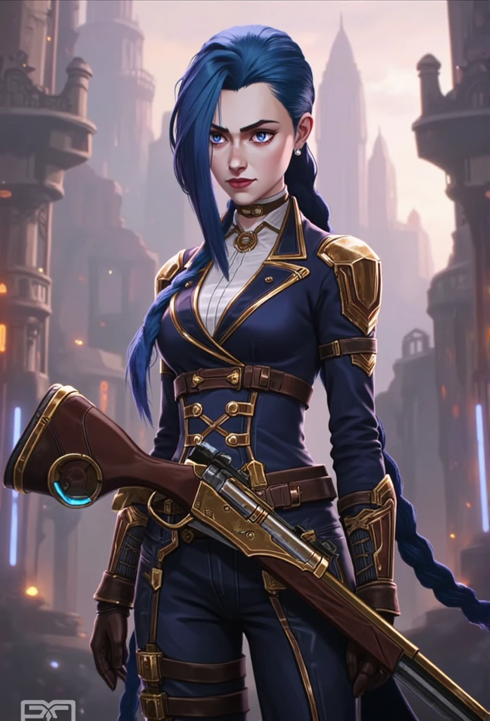 ((masterpiece)) ((photography)) ((Highest quality)) A hyper-realistic depiction of Caitlyn Kiramman from Arcane, standing tall with her Hextech sniper rifle resting confidently against her shoulder. Her long, dark blue-black hair flows freely, framing her sharp, intelligent features. Her piercing blue eyes reflect justice and determination. She wears her signature Piltover enforcer outfit—a tailored deep blue coat with gold accents and intricate embroidery, cinched at the waist with a sleek belt. Beneath it, a high-collared white shirt adds a touch of aristocratic sophistication. Her polished boots and fitted trousers emphasize her poise and readiness for action.  

The rifle is a masterpiece of engineering, crafted with intricate gold and bronze details, glowing faintly with blue energy along its barrel. The background showcases Piltover’s grandeur—a towering cityscape bathed in soft golden light, lined with intricate mechanical structures. Gears and cogs are faintly visible in the distance, adding depth to the steampunk aesthetic. Neon accents of blue and gold highlight the city's advanced technology while maintaining its sophisticated ambiance. This scene captures Caitlyn’s blend of elegance, intellect, and unyielding resolve, set against Piltover's stunning backdrop.