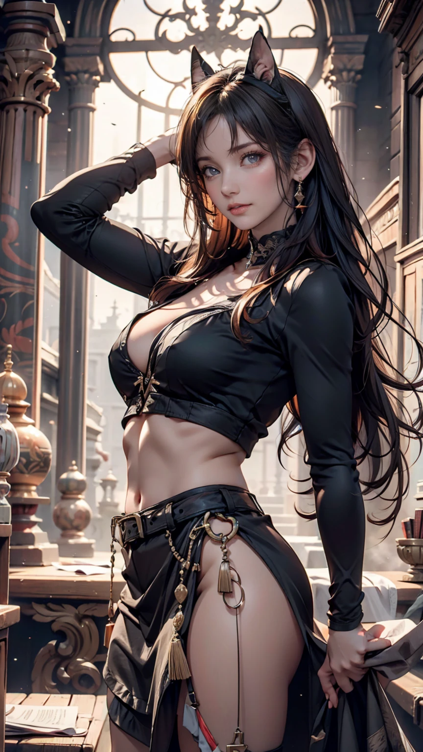 realistic akali ,with sexy helloween costume, sitting on table, 8k resolution, (best quality: 1.1), (anatomically correct: 1.1), (perfect hand: 1.1 ), ( (Facial Detail: 1.3)), (Skin Detail), (Perfect Eyes), (Perfect Nose), (perfect hand fingers)
