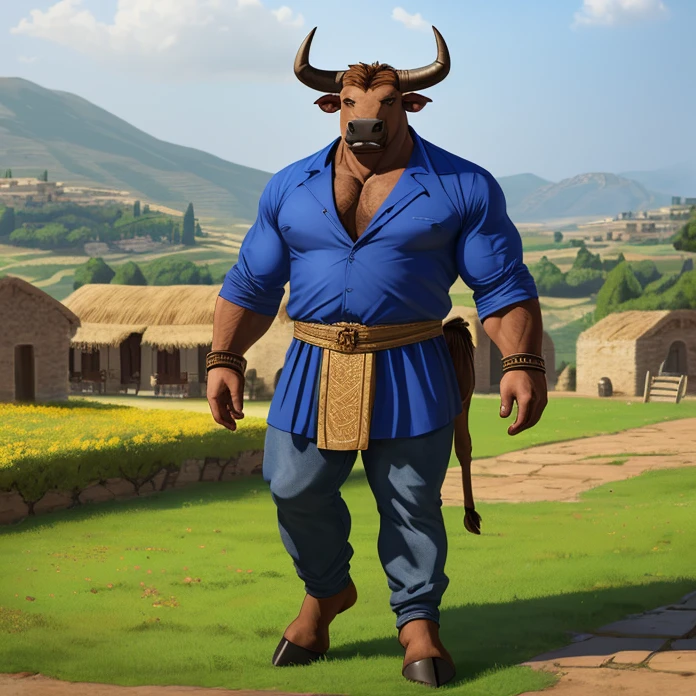 Masterpiece, HD, high resolution, high quality, best quality, super detailed. Solo character alone. Fantasy art.
{{(A 40-years-old adult-male-minotaur-farmer:(appearance: brown-bull-head. bull face. bull-grey-eyes. bull's-black-nose. brown-bull-ears. brown-bull-mouth. bull-lips. minotaur-male-muscular-bull-body. bull's brown fur. brown-arms. brown-hands-with-five-brown-finger-hooves. brown-bull-strong-legs. brown bull feet-hooves. He stands 2,00-meters-tall. He’s standing relaxed and calm. relaxed face. responsible worker demeanor.),(he wears: blue-greek-coat. blue-greek-shirt. blue-greek-pants. copper-wristbands.),(scenery: greek farm village. ancient greek minotaurs-villager houses. green grass. brown walk ways. grey cloudy sky.))}}