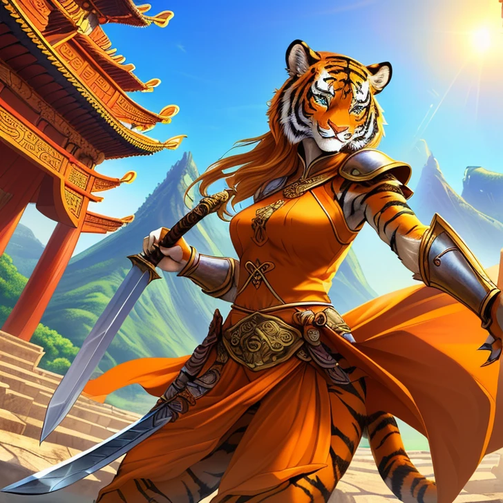 Masterpiece, HD High Resolution, high quality, Best Quality, super detailed. Solo creature alone, multiple views. Fantasy art.
{{(A 80-years-old adult-female-tiger-humanoid:(appearance: true-female-tiger-face. tiger-orange-body-hair-with-black-stripes. orange-tiger-fur. tiger-green-eyes. female-humanoid-upper-body. two-legs-shaped-as-tiger-legs. tiger-tail. Tiger-claws. smiling-very-confident and honorable. She has honorable-demeanor. brave and heroic personality. she stands 1,98-meters-tall. she poses bravely wielding a longsword with both-hands.),(equipment: hindu-longsword.),(she wears: two red hindu shoulder armor plates. yellow hindu-styled shirt. yellow pants. red-knee-armors.),(scenery: chinese mountain. hindu city. light-blue sky. sunny day.))}}