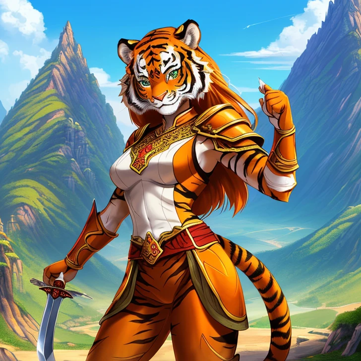 Masterpiece, HD High Resolution, high quality, Best Quality, super detailed. Solo creature alone, multiple views. Fantasy art.
{{(A 80-years-old adult-female-tiger-humanoid:(appearance: true-female-tiger-face. tiger-orange-body-hair-with-black-stripes. orange-tiger-fur. tiger-green-eyes. female-humanoid-upper-body. two-legs-shaped-as-tiger-legs. tiger-tail. Tiger-claws. smiling-very-confident and honorable. She has honorable-demeanor. brave and heroic personality. she stands 1,98-meters-tall. she poses bravely wielding a longsword with both-hands.),(equipment: hindu-longsword.),(she wears: two red hindu shoulder armor plates. yellow hindu-styled shirt. yellow pants. red-knee-armors.),(scenery: chinese mountain. hindu city. light-blue sky. sunny day.))}}