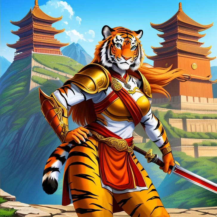 Masterpiece, HD High Resolution, high quality, Best Quality, super detailed. Solo creature alone, multiple views. Fantasy art.
{{(A 80-years-old adult-female-tiger-humanoid:(appearance: true-female-tiger-face. tiger-orange-body-hair-with-black-stripes. orange-tiger-fur. tiger-green-eyes. female-humanoid-upper-body. two-legs-shaped-as-tiger-legs. tiger-tail. Tiger-claws. smiling-very-confident and honorable. She has honorable-demeanor. brave and heroic personality. she stands 1,98-meters-tall. she poses bravely wielding a longsword with both-hands.),(equipment: hindu-longsword.),(she wears: two red hindu shoulder armor plates. yellow hindu-styled shirt. yellow pants. red-knee-armors.),(scenery: chinese mountain. hindu city. light-blue sky. sunny day.))}}