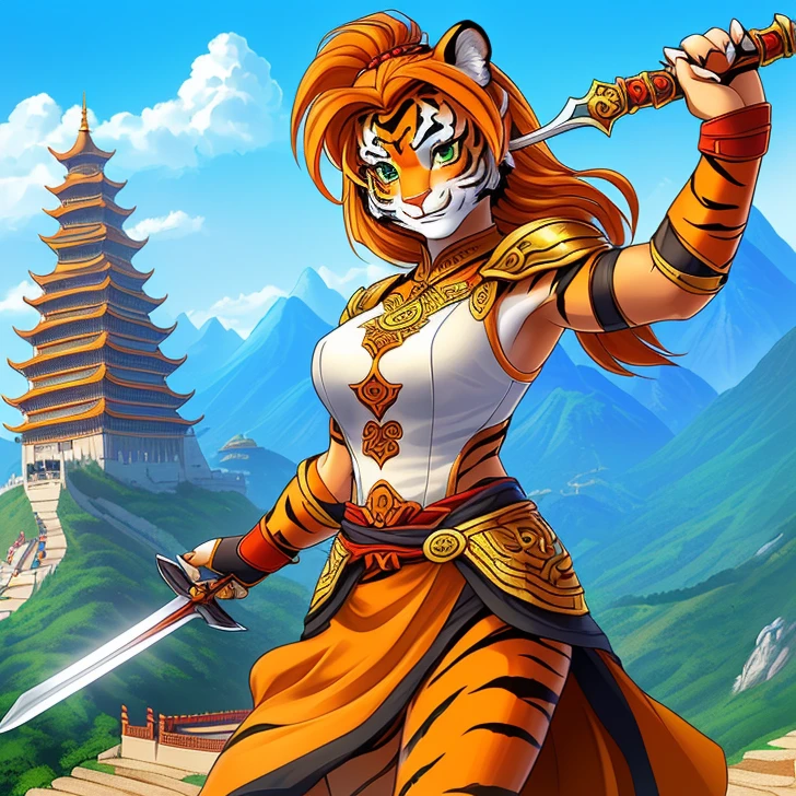 Masterpiece, HD High Resolution, high quality, Best Quality, super detailed. Solo creature alone, multiple views. Fantasy art.
{{(A 80-years-old adult-female-tiger-humanoid:(appearance: true-female-tiger-face. tiger-orange-body-hair-with-black-stripes. orange-tiger-fur. tiger-green-eyes. female-humanoid-upper-body. two-legs-shaped-as-tiger-legs. tiger-tail. Tiger-claws. smiling-very-confident and honorable. She has honorable-demeanor. brave and heroic personality. she stands 1,98-meters-tall. she poses bravely wielding a longsword with both-hands.),(equipment: hindu-longsword.),(she wears: two red hindu shoulder armor plates. yellow hindu-styled shirt. yellow pants. red-knee-armors.),(scenery: chinese mountain. hindu city. light-blue sky. sunny day.))}}