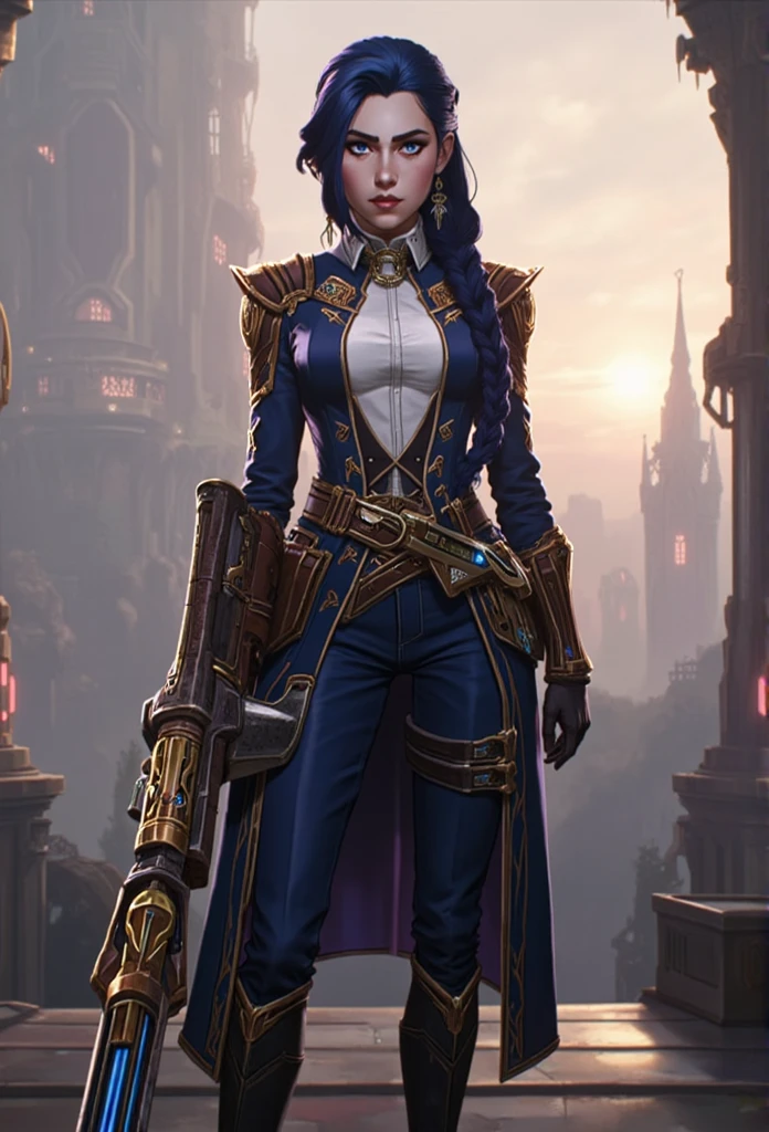 ((masterpiece)) ((photography)) ((Highest quality)) A hyper-realistic depiction of Caitlyn Kiramman from Arcane, standing tall with her Hextech sniper rifle resting confidently against her shoulder. Her long, dark blue-black hair flows freely, framing her sharp, intelligent features. Her piercing blue eyes reflect justice and determination. She wears her signature Piltover enforcer outfit—a tailored deep blue coat with gold accents and intricate embroidery, cinched at the waist with a sleek belt. Beneath it, a high-collared white shirt adds a touch of aristocratic sophistication. Her polished boots and fitted trousers emphasize her poise and readiness for action.  

The rifle is a masterpiece of engineering, crafted with intricate gold and bronze details, glowing faintly with blue energy along its barrel. The background showcases Piltover’s grandeur—a towering cityscape bathed in soft golden light, lined with intricate mechanical structures. Gears and cogs are faintly visible in the distance, adding depth to the steampunk aesthetic. Neon accents of blue and gold highlight the city's advanced technology while maintaining its sophisticated ambiance. This scene captures Caitlyn’s blend of elegance, intellect, and unyielding resolve, set against Piltover's stunning backdrop.