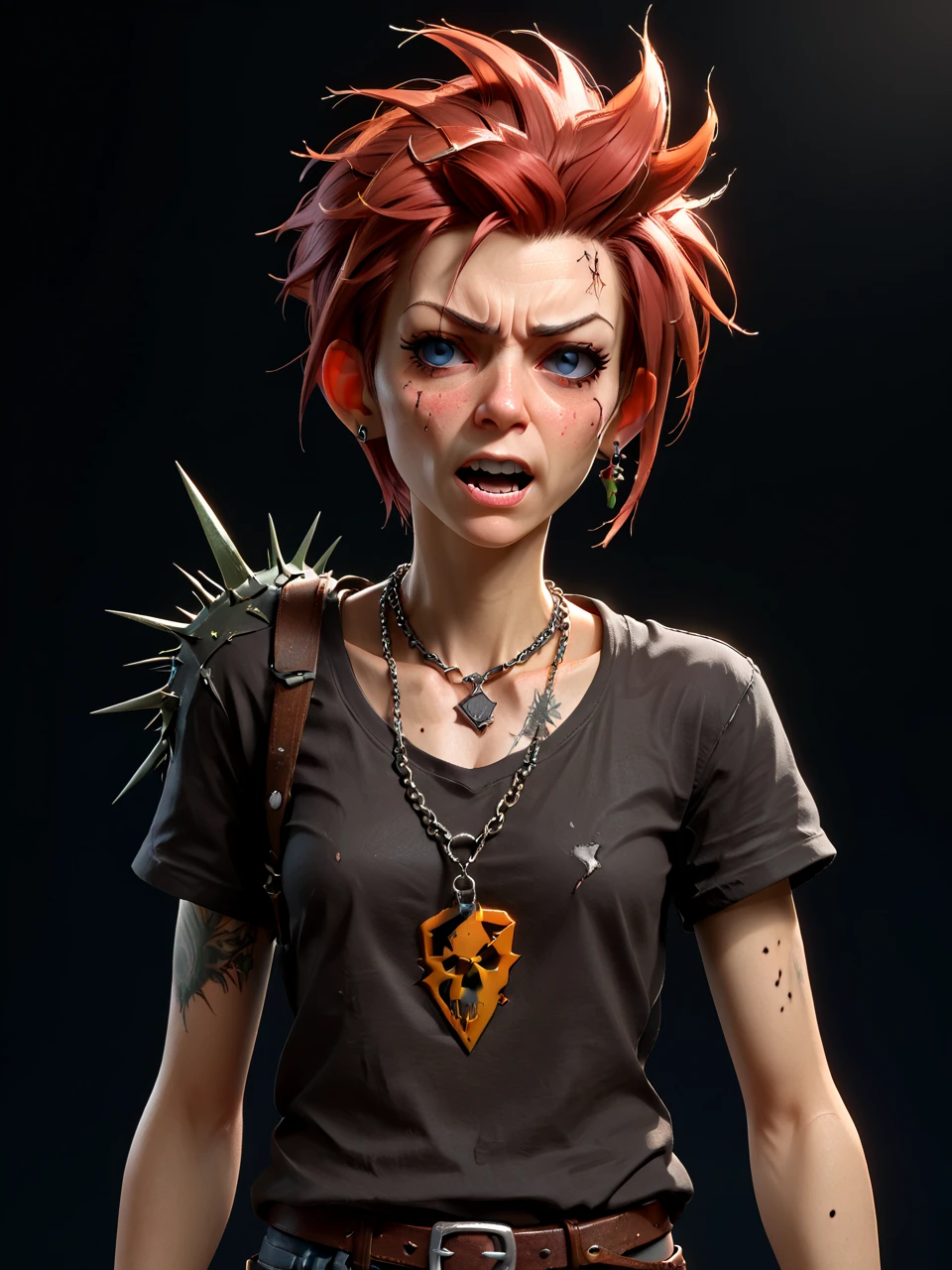 punk, skinny, multiples large necklaces, colored punk destroy shirt, 3d character, game character, 3d render, trending on artstation, concept, small, 1person, wide angle, 32mm, skinny,scars, hero pose, deciduous, (freckles:0.741), dirty clothes, thorns, goosebumps, serious face,cool person, (holding asset:1.3) , full body subsurface scattering, arnold render, xgen, trending on artstation, master piece, intricate, black background, rim lighting