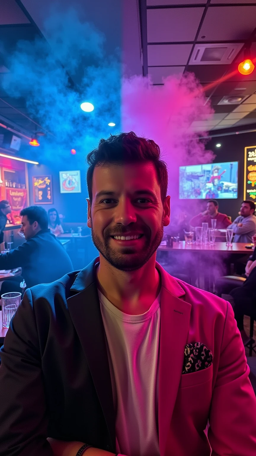  It creates an image in which a unique character is divided into two halves :  the left half is a very handsome man ,  with attractive features and a charismatic expression ,  while the right half is the Pink Panther ,  with its characteristic vibrant pink color and playful style .  The character must be in a nighttime musical bar ,  surrounded by a festive atmosphere .

Detalles adicionales:

bottom: Include colored smoke  (blue, rosa, green)  that intertwines in the air ,  creating a magical and vibrant atmosphere .
 lighting :  Disco lights that flash in neon tones , , illuminating the man's face and the figure of the Pink Panther in a dynamic way.
style:  The image must be very realistic but with a cartoonish touch , highlighting the distinctive features of both sides of the character .
Environment:  Add details such as tables with glasses ,  a stage with musicians in the background ,  and other customers enjoying the night .