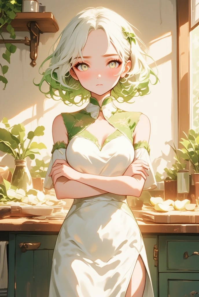  a cute tsundere character inspired by a daikon radish fairy. She has short, slightly wavy white hair with a green gradient at the tips, resembling radish leaves. She wears a stylish white dress with a thigh-high slit, subtly designed to resemble the shape of a daikon radish, paired with delicate green accents on her collar and sleeves. Her head is adorned with a small leafy hairpin shaped like radish leaves. She is blushing with a slightly embarrassed and pouty expression, crossing her arms defensively, while her cheeks are tinged with red. The background is a cozy kitchen with warm lighting, and the counter features a cutting board with freshly sliced radishes, emphasizing her connection to food and cooking. Her overall vibe is cute yet tsundere, with a slight air of sophistication.