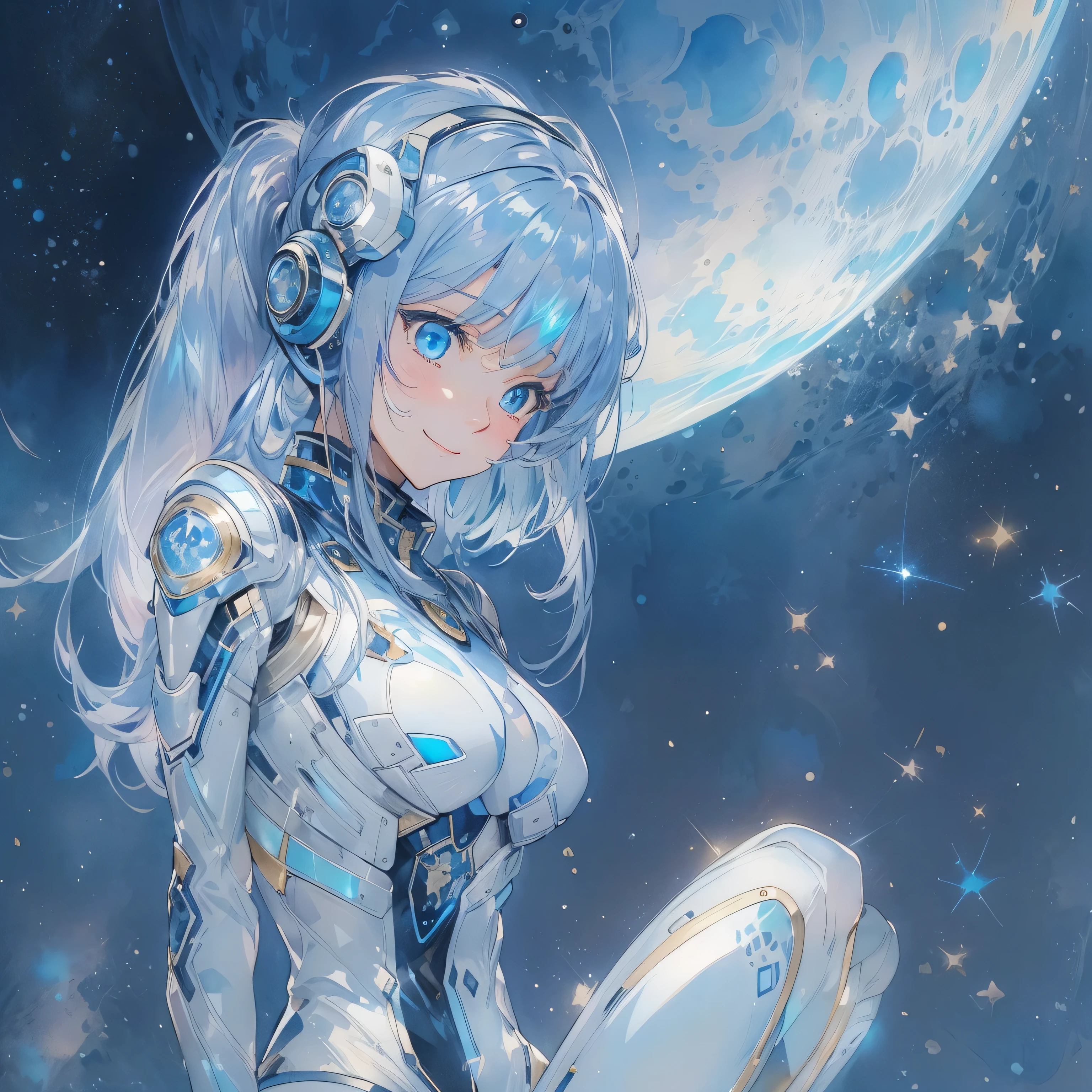 Real CG art of the creative world,A picture of a cyborg girl chasing colorful balloons in a cyber world.The girl has long white hair Blue and white cyborg style body,Body with a lot of exposed machinery,Clear blue neon light from the suit,No decoration on the head, a cyber space like the anime Ghost in the Shell,At the end of the cyber space, there are lights and many colorful balloons.The girl is reaching out and chasing the balloon,The girl's beautiful hair texture, beautiful face,Beautiful depiction of the cyber suit mechanism,Beautiful depiction of balloons,The feeling of no writing in the cyberspace,A perspective looking up at the balloon from below.(perfect five fingers:1.2)(Masterpiece, Best Quality, 4k, 8k,1.2) Ultra Detail